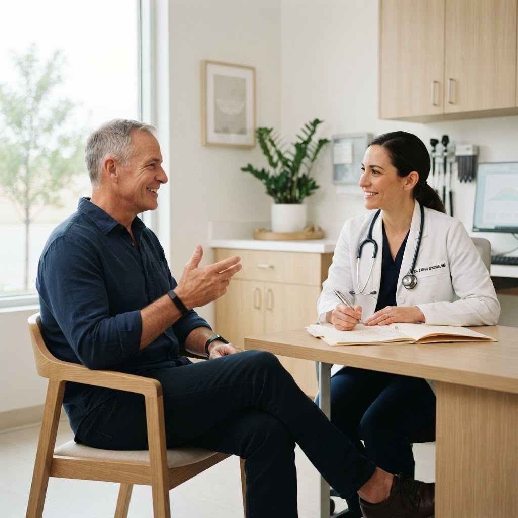 A man in his fifties talking with a physician in a bright, modern clinic