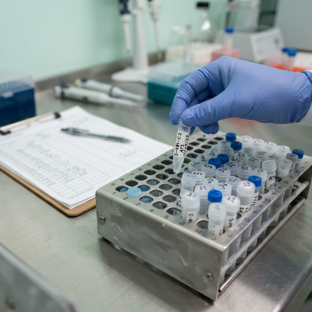 Labeled cryovials in a freezer rack being handled during documented laboratory processing