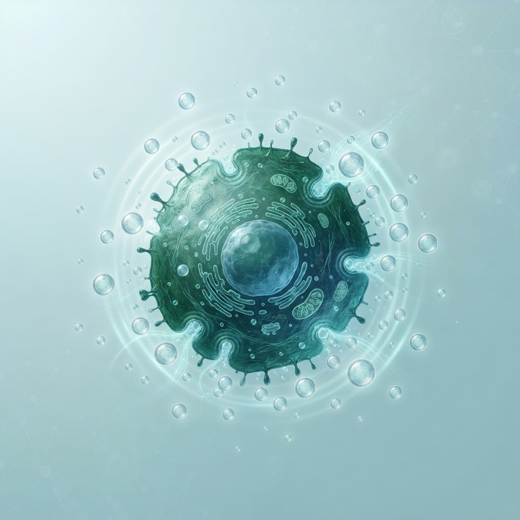 Illustration of a cell releasing extracellular vesicles, or exosomes, that carry cell-to-cell signals