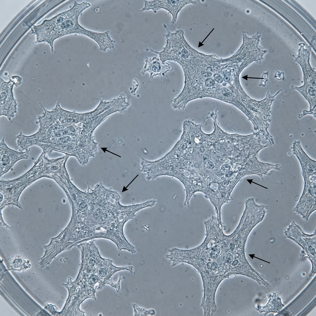 Phase-contrast microscopy of an extended-passage culture: fewer, larger, flatter and less uniform mesenchymal stromal cells with more space between them.