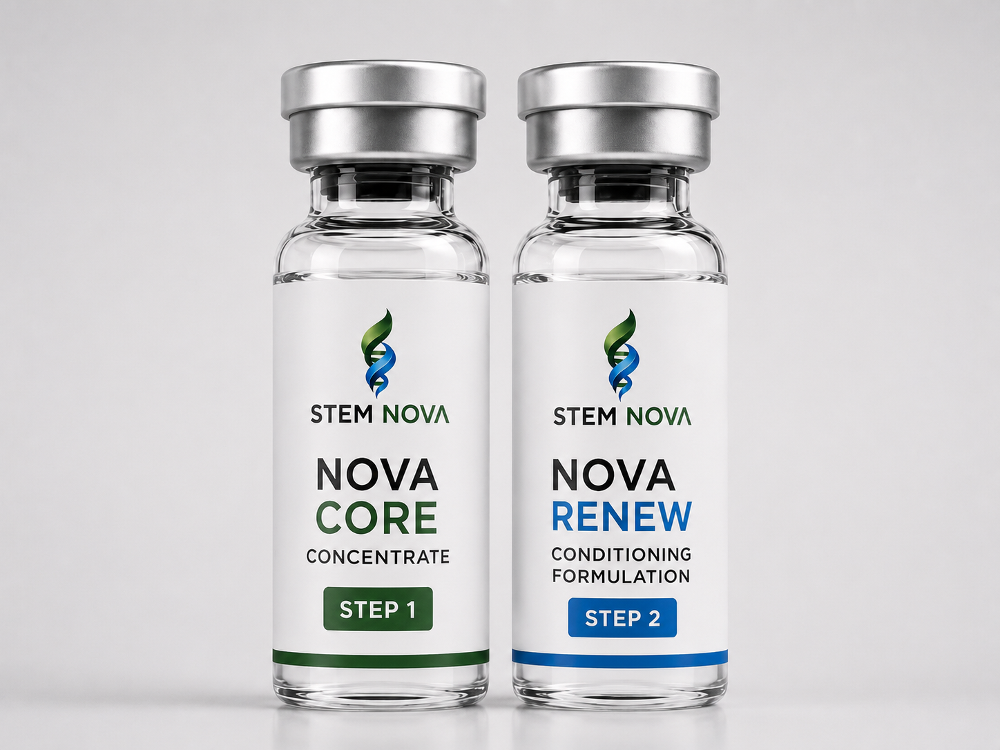 The NovaRenew two-vial system: NovaCore concentrate (Step 1) and Renew conditioning formulation (Step 2)