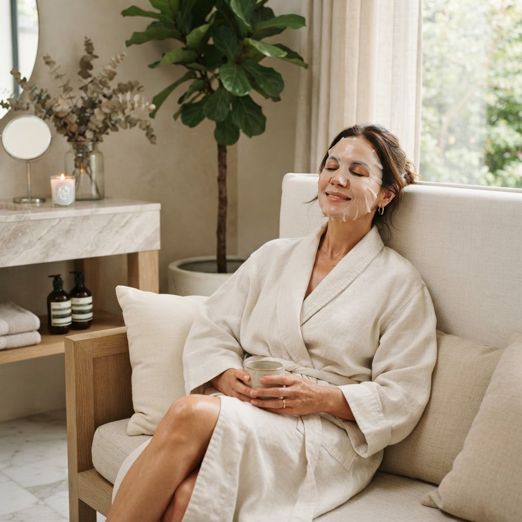 A vibrant woman wearing a translucent skincare mask in a calm home setting