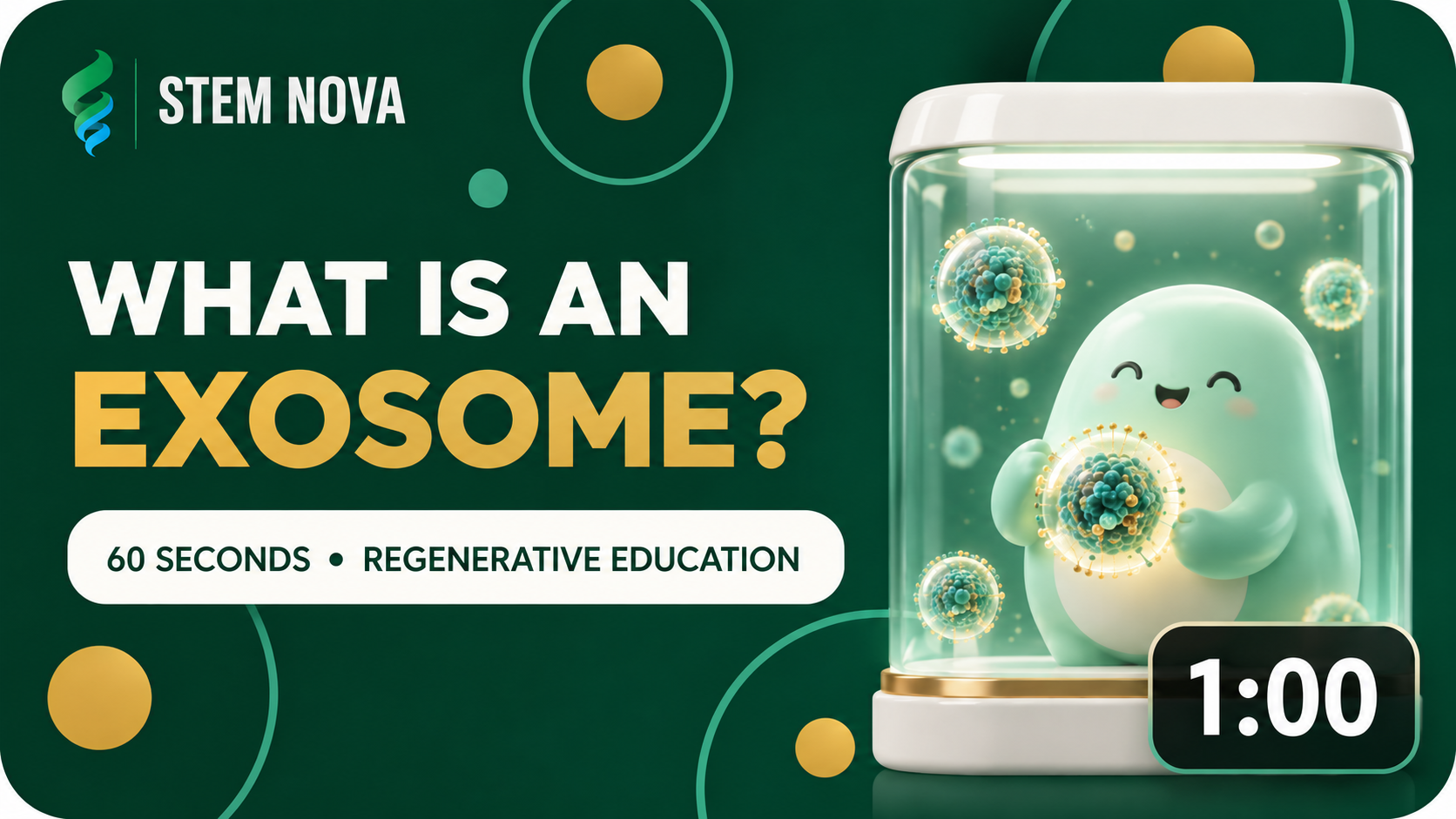 Stem Nova video thumbnail: What is an exosome? Regenerative education, featuring the Nova character holding an exosome cluster