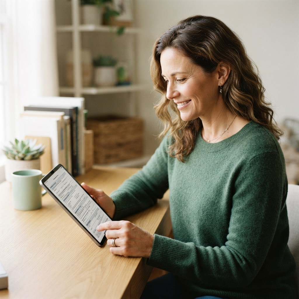 A patient calmly reviewing secure digital healthcare forms on a tablet at home.