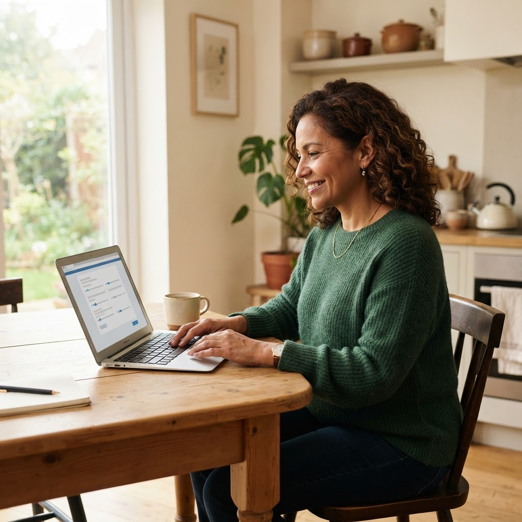 A woman at her kitchen table completing a healthcare eligibility questionnaire on a laptop.