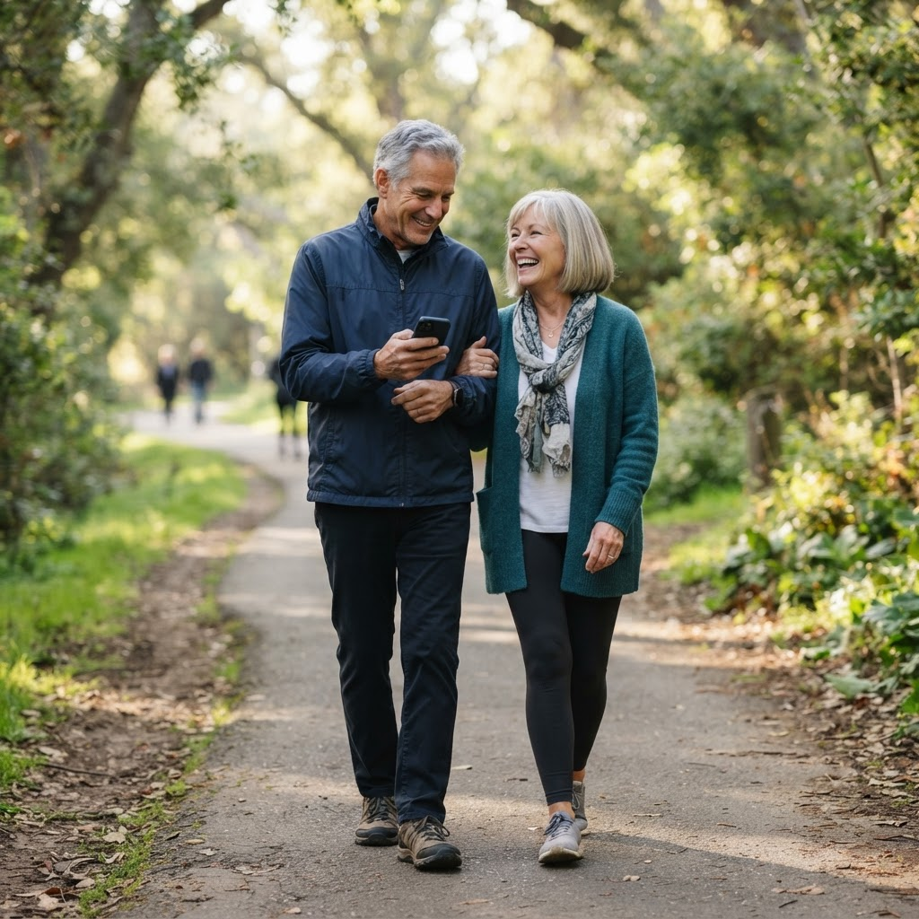 An active older couple walking outdoors while checking a supportive care message on a phone.