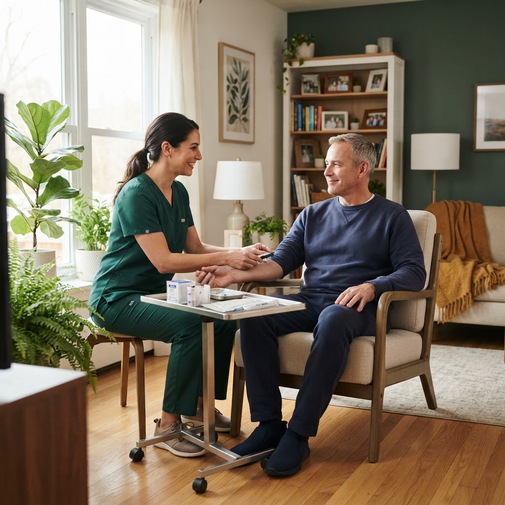 A licensed nurse providing attentive care to a comfortable patient in his living room.