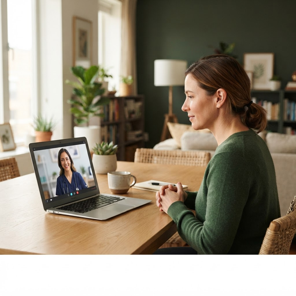 A patient at home having a video consultation with a licensed physician on a laptop.