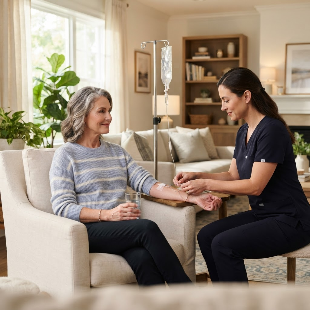 A nurse providing an IV infusion to a woman relaxing at home