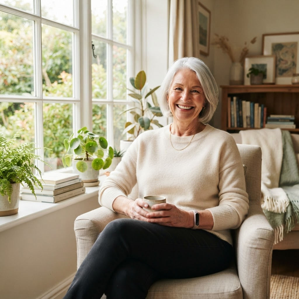 A vital, pain-free woman in her sixties relaxing comfortably at home